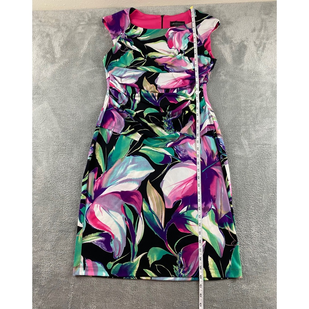Connected Apparel Floral Ruched Sheath Dress Purple Pink Green Womens 12 Cap Slv - Picture 8 of 13